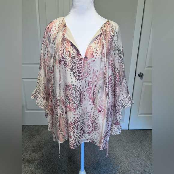 Paisley Ruffle Bell Sleeve Lined Tie Strings Sz Medium Boho Coastal Cowgirl - Picture 3 of 12